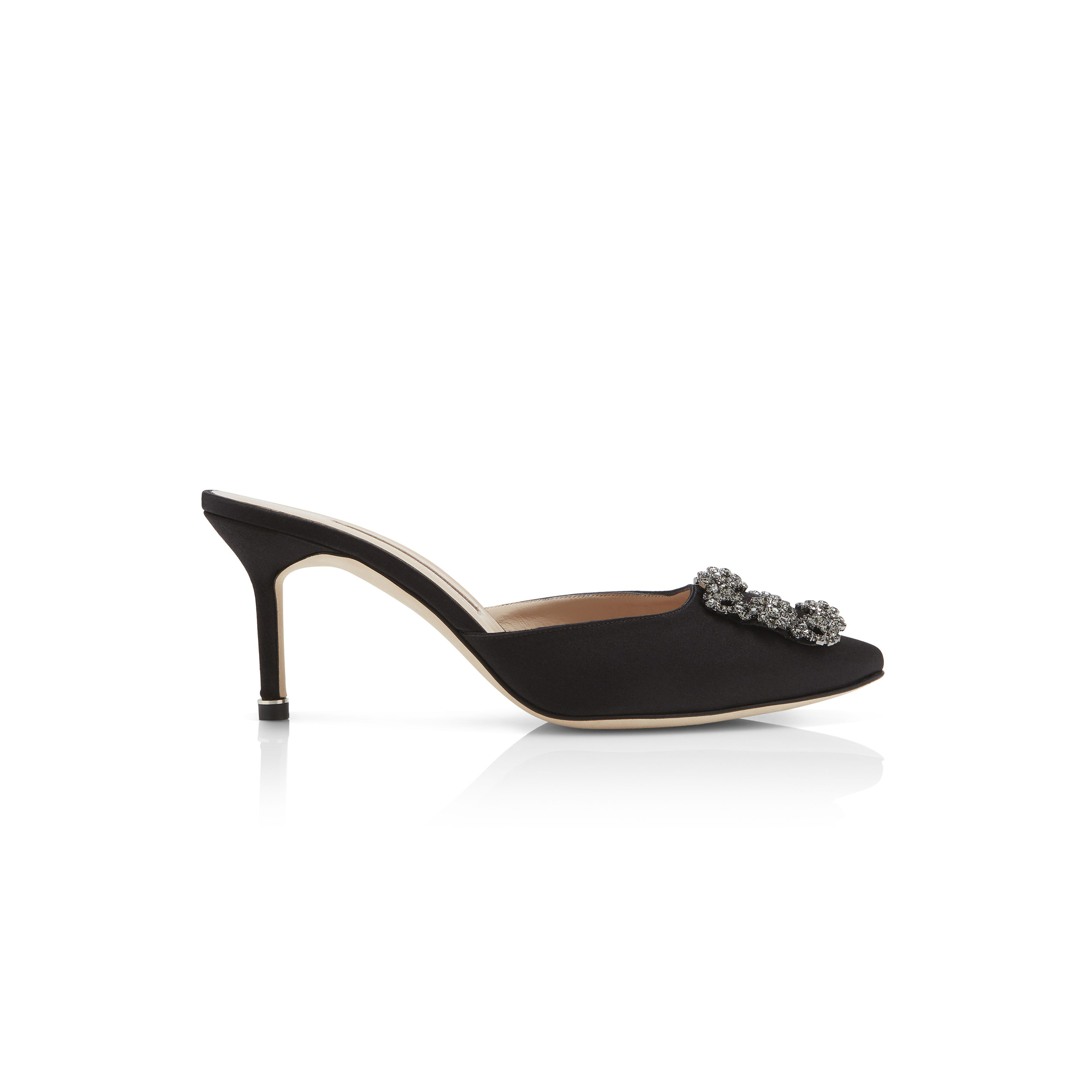 MANOLO BLAHNIK HANGISIMU BLACK SATIN JEWEL BUCKLE MULES 9XX-0726-0054